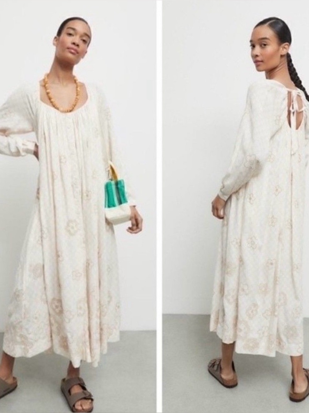 New! UO Vienna Bohemian Floral Embroidered Gingham Oversized Maxi Dress NWOT